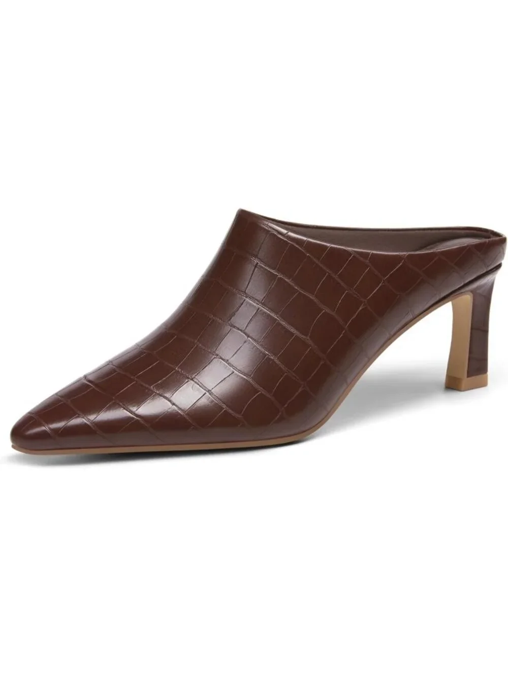 Women's Brown Leather Kitten Heels Mules Closed Pointed Toe Pumps Slip On Shoes